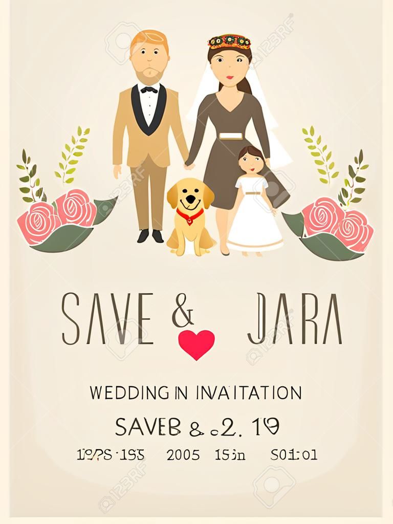 wedding invitation cards with bride and groom and their dog pet Golden retriever. vintage style.save the date banner.Ilustration EPS 10.