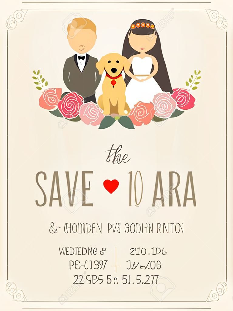 wedding invitation cards with bride and groom and their dog pet Golden retriever. vintage style.save the date banner.Ilustration EPS 10.