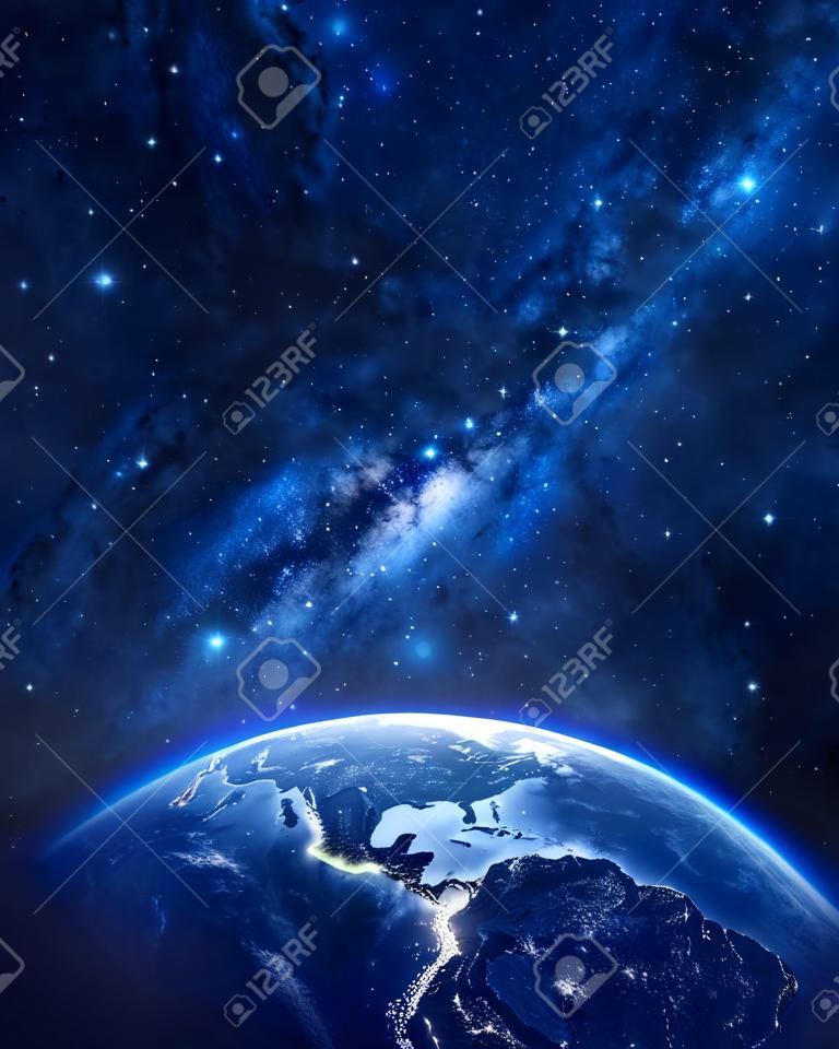 Tierra en la noche vista desde el espacio con el azul, atmósfera brillante y el espacio en la parte superior. Perfecto para las ilustraciones. Los elementos de esta imagen proporcionada por la NASA