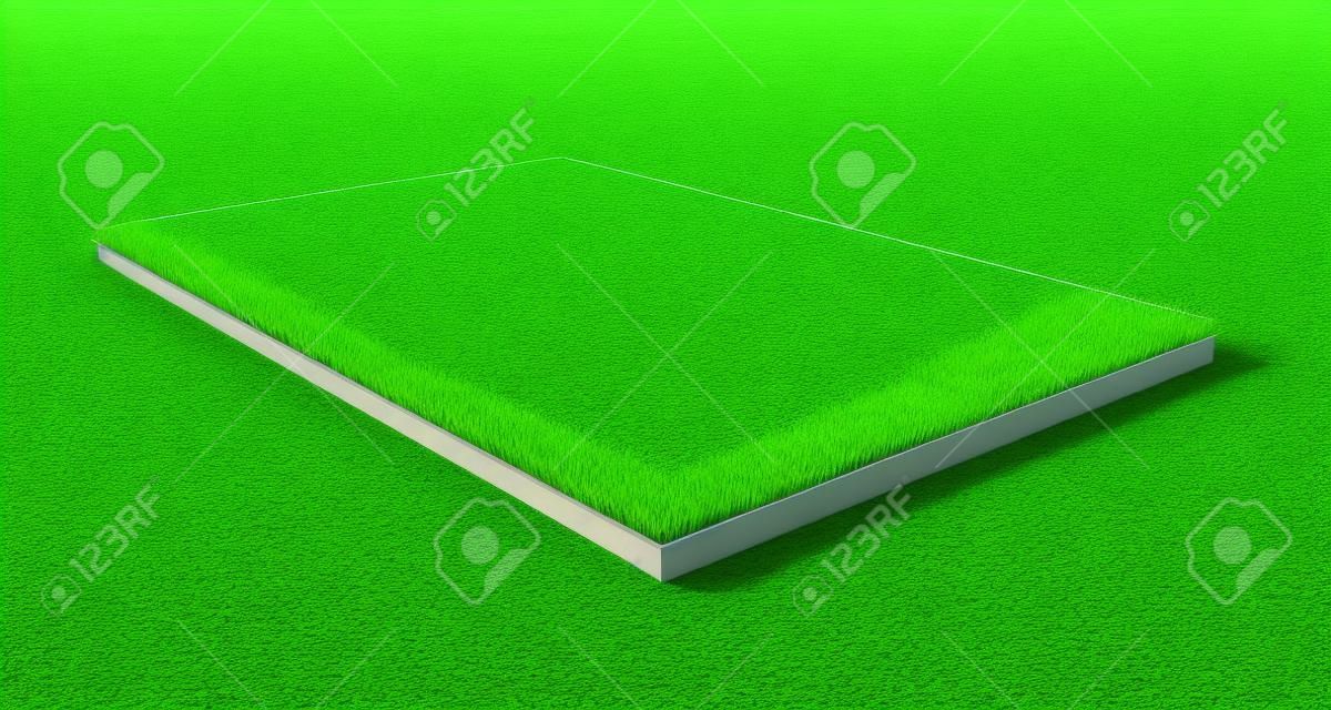 Rendering 3D del campo di erba verde isolato su uno sfondo bianco con tracciato di ritaglio. Campo sportivo. Luogo di esercizio e ricreazione.