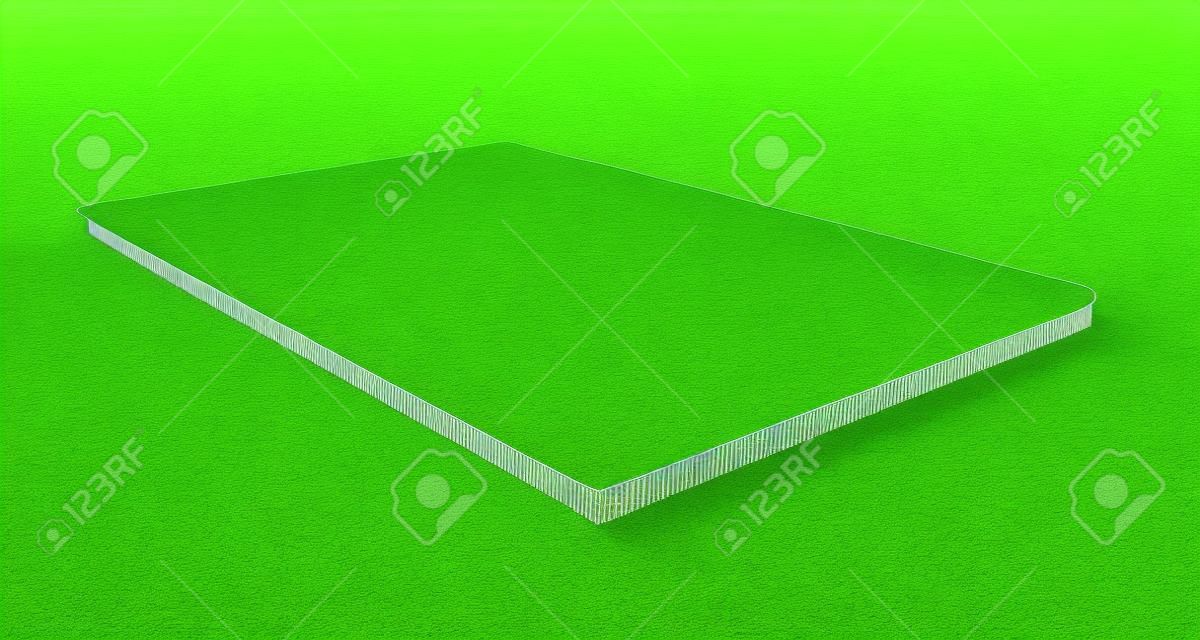 Rendering 3D del campo di erba verde isolato su uno sfondo bianco con tracciato di ritaglio. Campo sportivo. Luogo di esercizio e ricreazione.