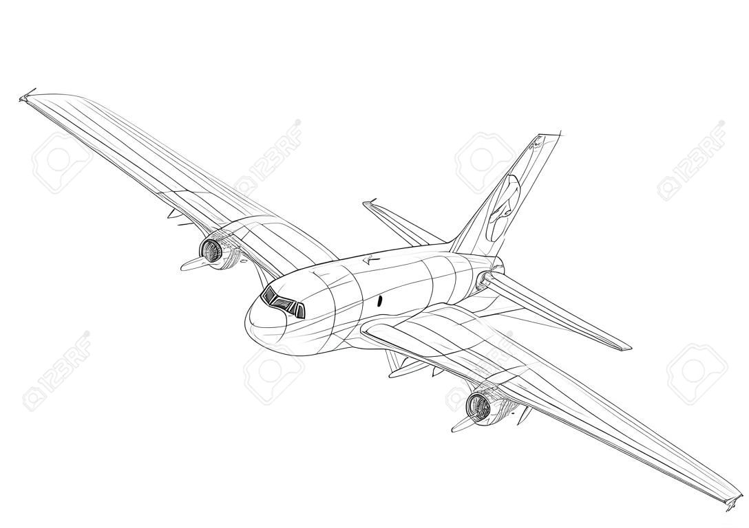 Airplane Plan. Black Outline Aircraft On White
