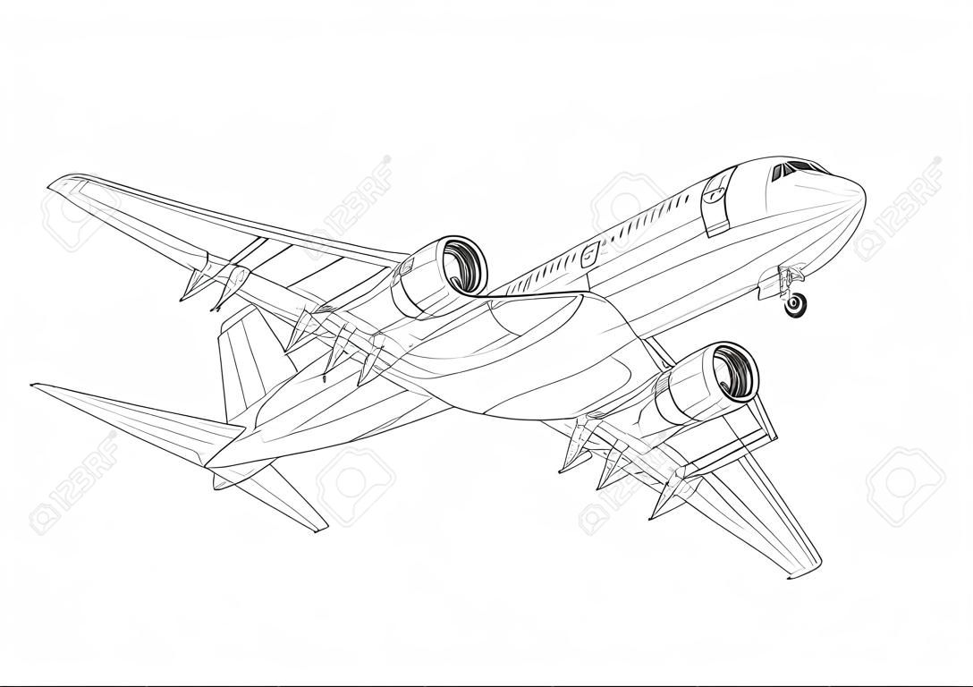 飛行機の計画。白の黒のアウトライン航空機