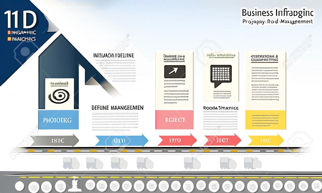 Business infographics template, Milestone timeline or Road map with Process flowchart 4 options, Strategic plan to define company values, Scheduling in project management to make facts and statistics.