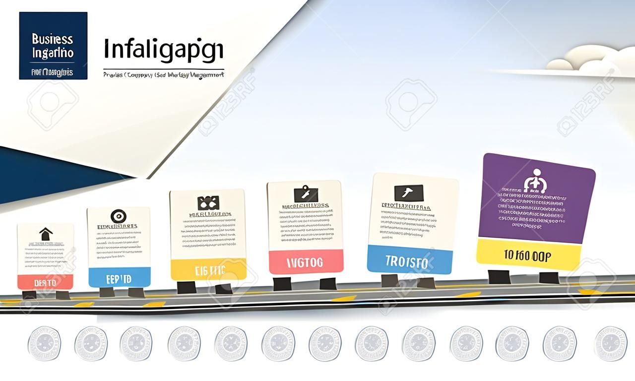 Business infographics template, Milestone timeline or Road map with Process flowchart 4 options, Strategic plan to define company values, Scheduling in project management to make facts and statistics.