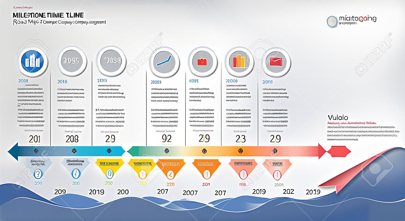 Инфографический Дизайн Временной Шкалы Вех, Дорожная Карта Или  Стратегический План Для Определения Ценностей Компании. Могут  Использоваться Вехи Для Планирования В Управлении Проектами, Чтобы Отмечать  Определенные Точки На Временной Шкале Проекта ...