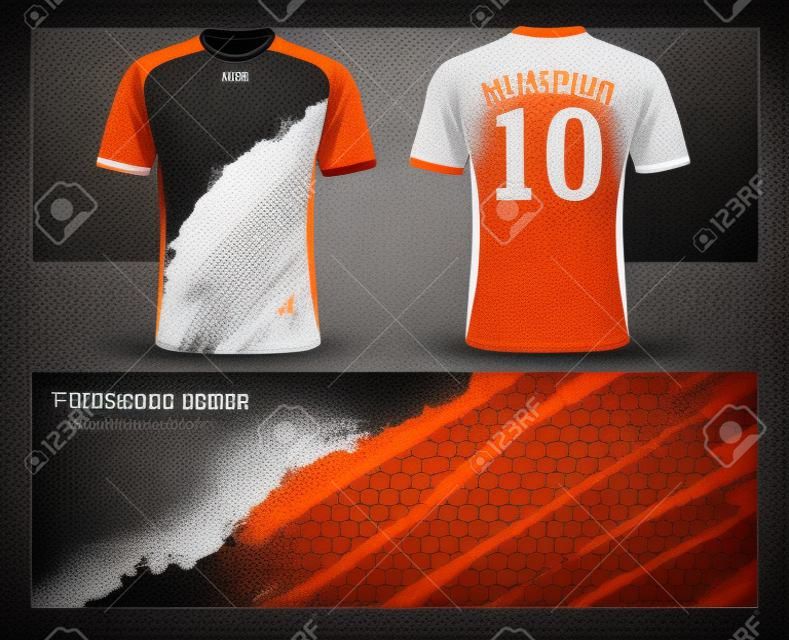 Plantilla de diseño deportivo de camiseta y camiseta de fútbol, parte delantera y trasera para el club de fútbol o uniformes de desgaste activo en colores naranja, blanco y negro ilustración.