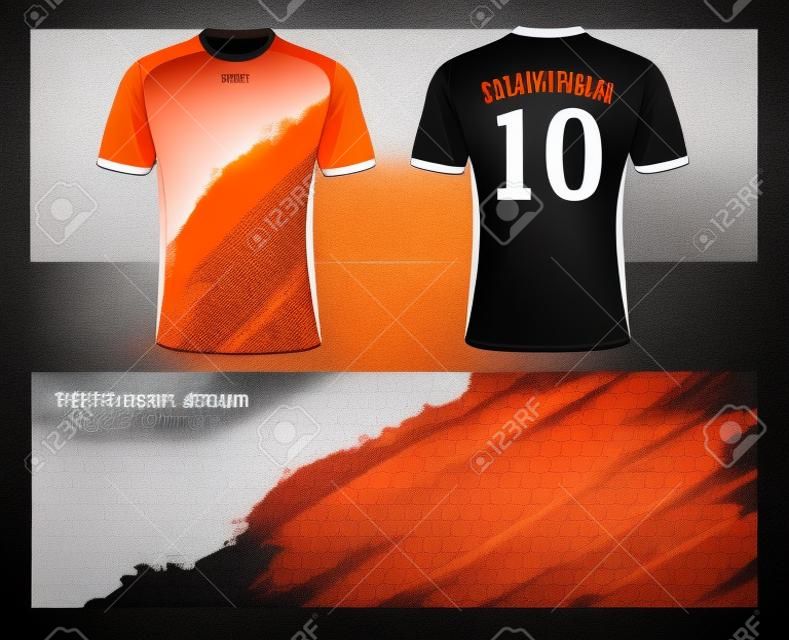 축구 유니폼 및 티셔츠 스포츠 디자인 서식 파일, 축구 클럽 또는 오렌지, 흑백 그림에서 활성 착용 유니폼 앞뒤.