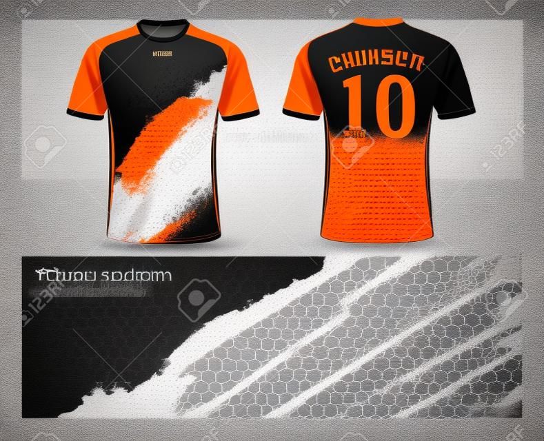 Soccer jersey and t-shirt sports design template, front and back for football club or active wear uniforms in colors orange, black and white illustration.