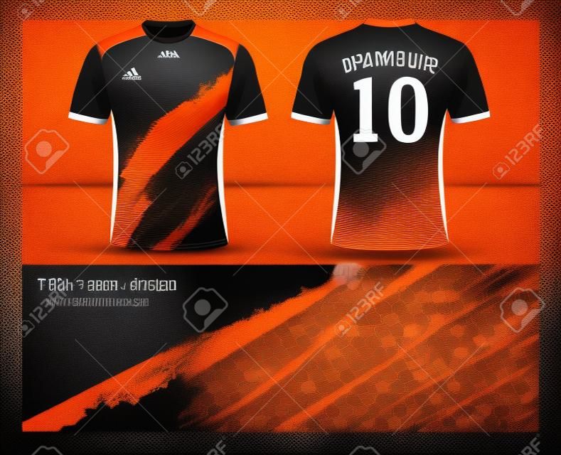 Soccer jersey and t-shirt sports design template, front and back for football club or active wear uniforms in colors orange, black and white illustration.
