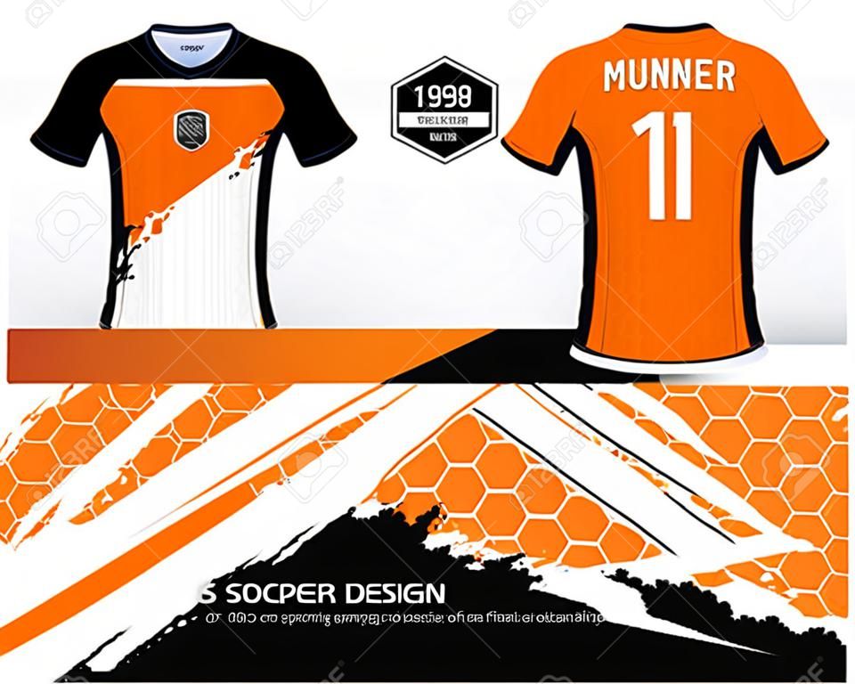 サッカージャージとTシャツスポーツデザインテンプレート、サッカークラブのための前面と背面、またはオレンジ、黒と白のイラストの色でアクティブな着用ユニフォーム。