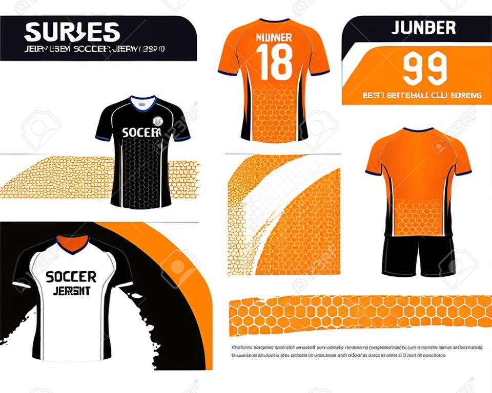 Modèle de conception sportive de maillot de football et de t-shirt, avant et arrière pour le club de football ou les uniformes de vêtements actifs dans les couleurs orange, noir et blanc illustration.