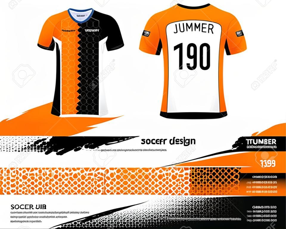 Plantilla de diseño deportivo de camiseta y camiseta de fútbol, parte delantera y trasera para el club de fútbol o uniformes de desgaste activo en colores naranja, blanco y negro ilustración.