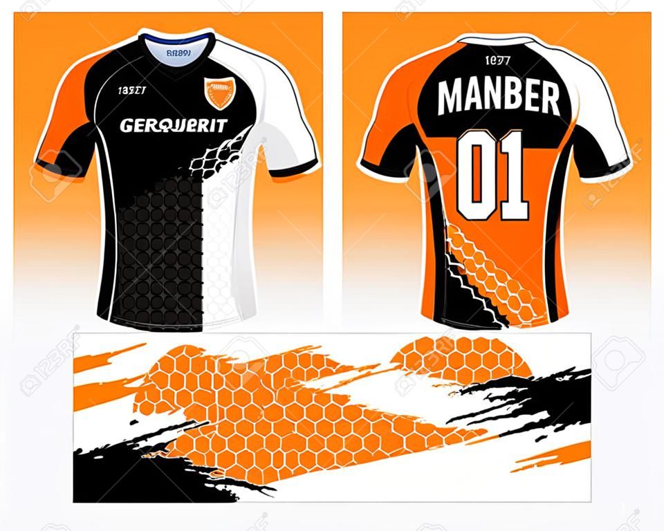 축구 유니폼 및 티셔츠 스포츠 디자인 서식 파일, 축구 클럽 또는 오렌지, 흑백 그림에서 활성 착용 유니폼 앞뒤.