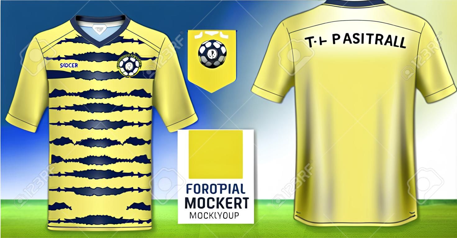 축구 유니폼 및 스포츠웨어 티셔츠 모형 템플릿, 축구 키트 유니폼에 대한 현실적인 그래픽 디자인 전면 및 후면보기, 아트 워크, 텍스트, 이미지를 쉽게 적용 할 수 있습니다.