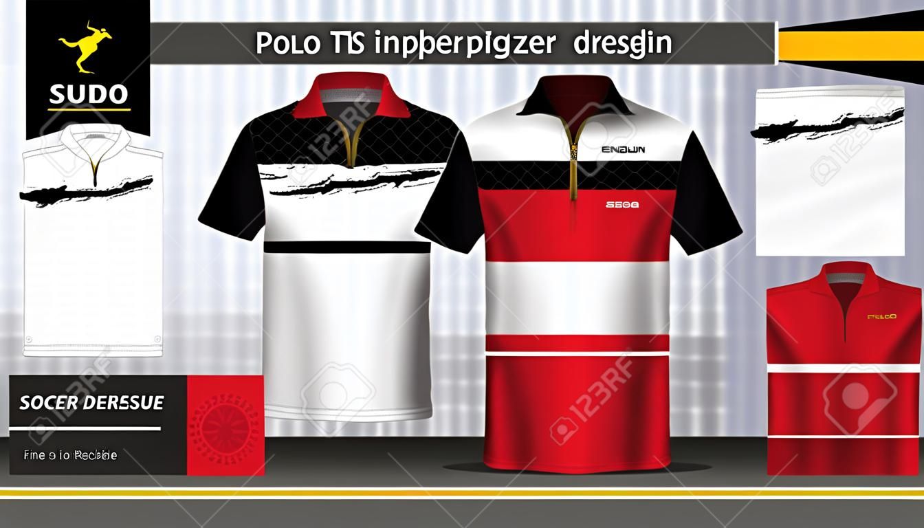 Polo t-shirt with zipper, Jersey mockup template for sports clothing and uniforms, such as soccer or football kit, racing apparel, pit crew, Everything is edible, resizable and color change.