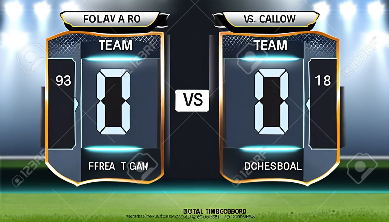 Digital timing scoreboard, Football match team A vs team B, Strategy broadcast graphic template for presentation score or game results display