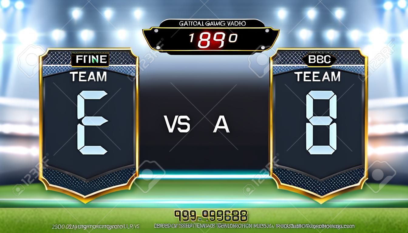 Digital timing scoreboard, Football match team A vs team B, Strategy broadcast graphic template for presentation score or game results display