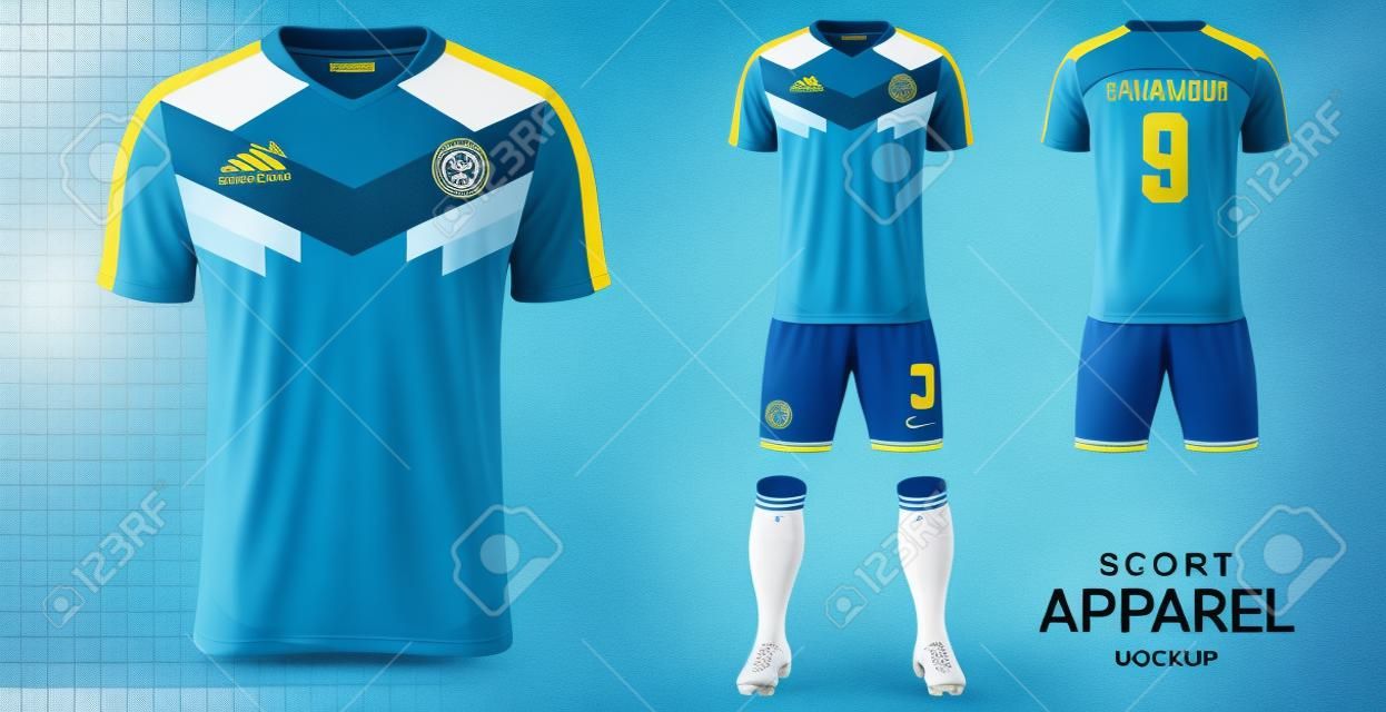 足球球衣和橄榄球套件演示样机模板，正面和背面视图，包括运动服制服，短裤和袜子，它是完全自定义隔离在透明背景上。