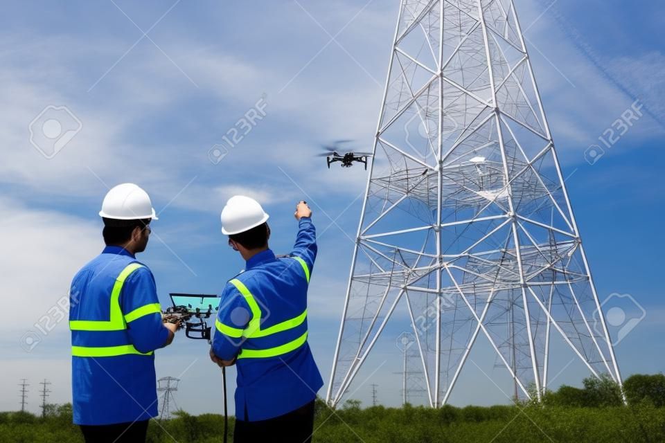 O trabalho de equipe da localização dos engenheiros ajuda o técnico a usar drone para realizar inspeções na usina elétrica para visualizar o trabalho de planejamento, produzindo torre de transmissão elétrica de alta tensão