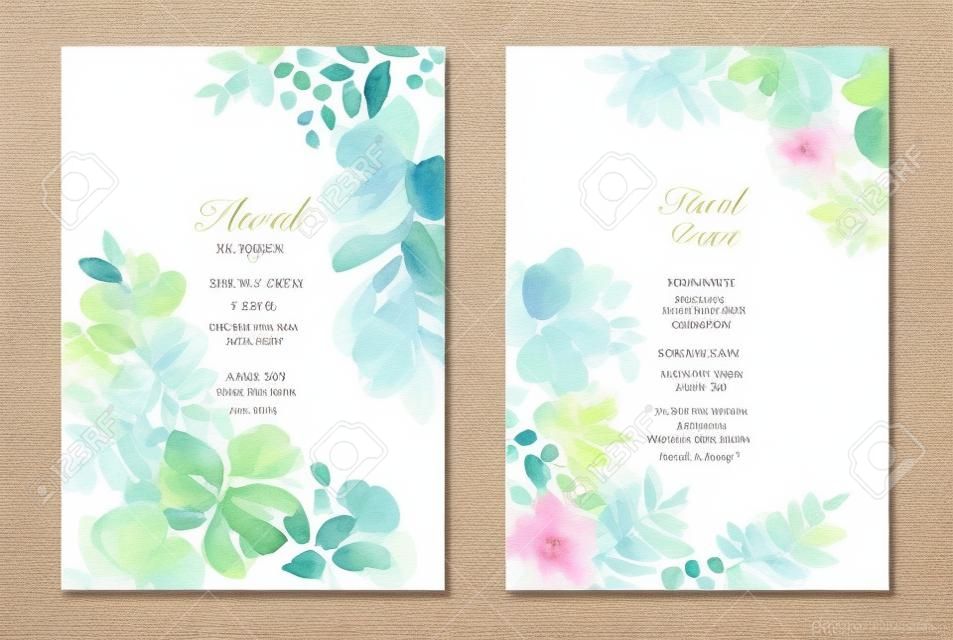 Watercolor hand painted invitation template card. Beautiful foliage background use for wedding, invitation, posters, banners, save the date, website, greeting cards.