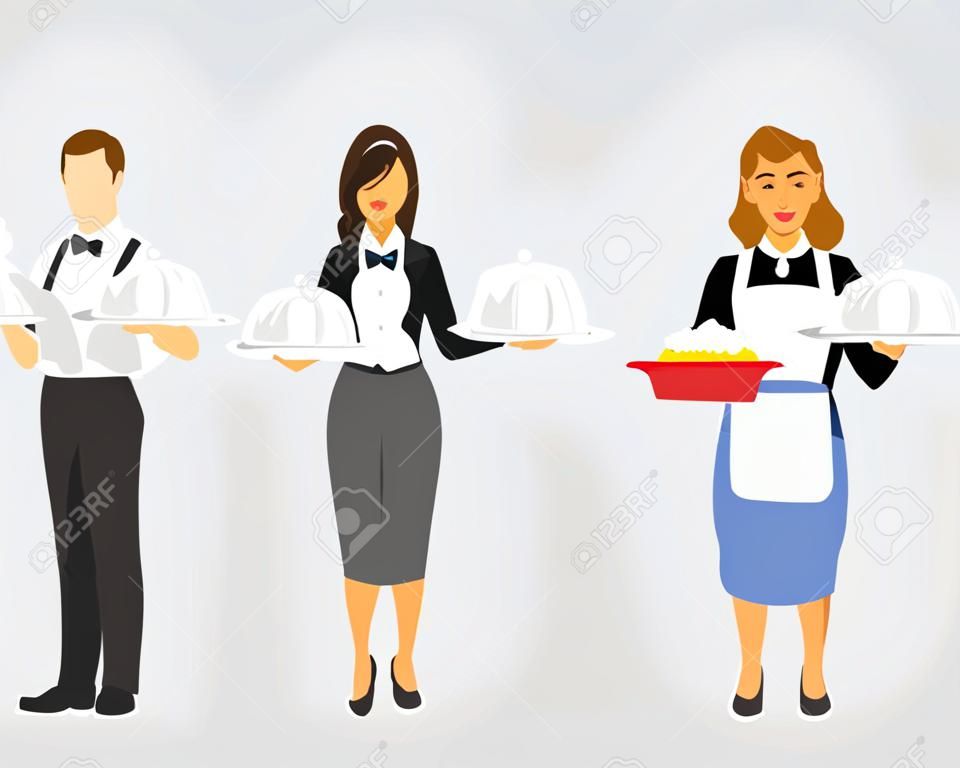 Conjunto de personajes de dibujos animados en estilo plano camarero camarero restaurante personal ilustración vectorial
