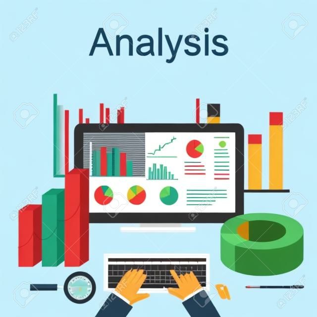 Płaska konstrukcja ilustracja koncepcje analizy danych, analizy trendów, biznesu, planowanie, zarządzanie, kariera, strategii biznesowej, statystyk gospodarczych, monitoring.
