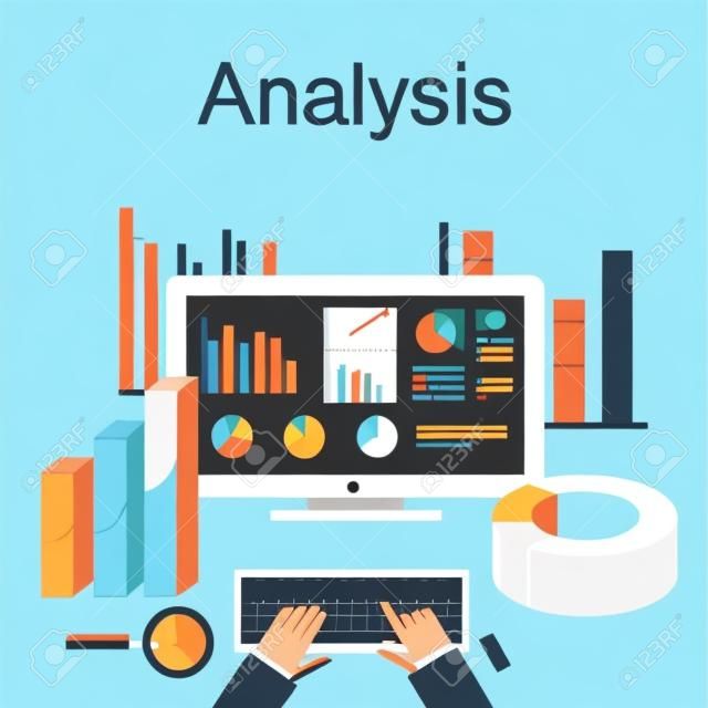 Płaska konstrukcja ilustracja koncepcje analizy danych, analizy trendów, biznesu, planowanie, zarządzanie, kariera, strategii biznesowej, statystyk gospodarczych, monitoring.