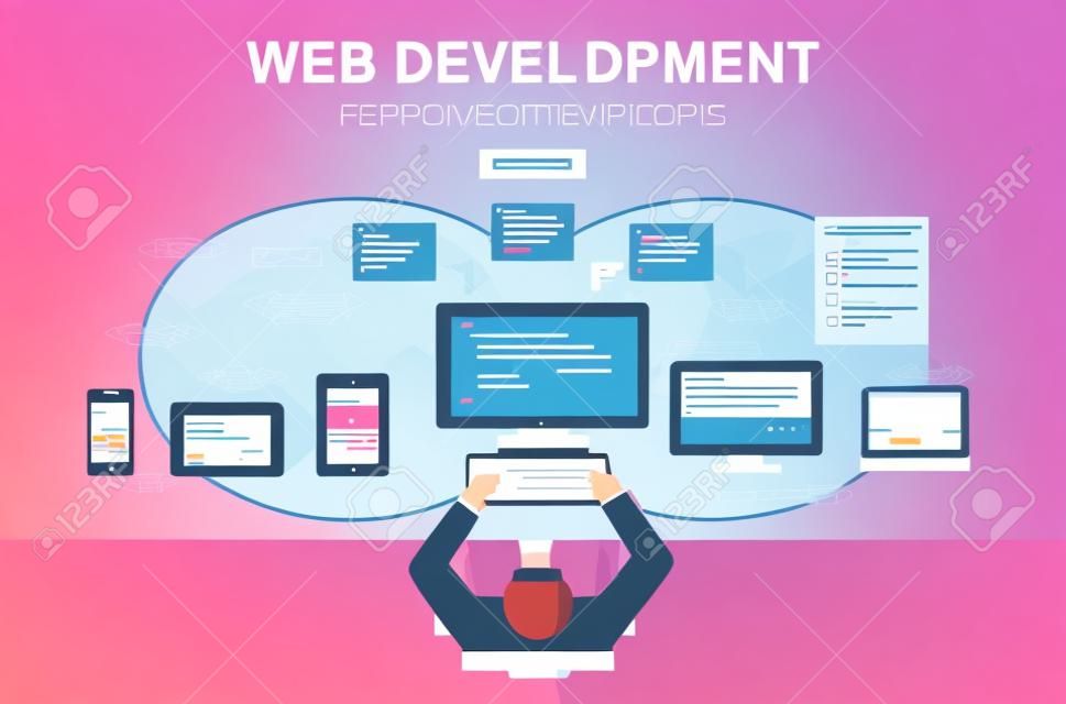 Web 開発の図。フラットなデザイン。Web 開発コンセプトのバナー イラスト。フラット設計の図概念解析、ブレーンストーミング、コーディング、プログラミング、プログラマ、および開発者。