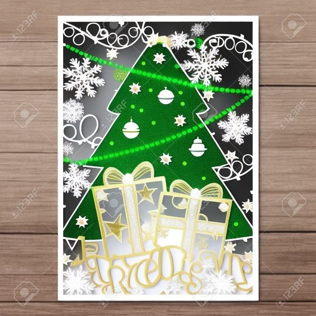 Arbre de Noël avec des décorations. Modèle de découpe laser pour cartes de vœux, enveloppes, invitations, éléments intérieurs.