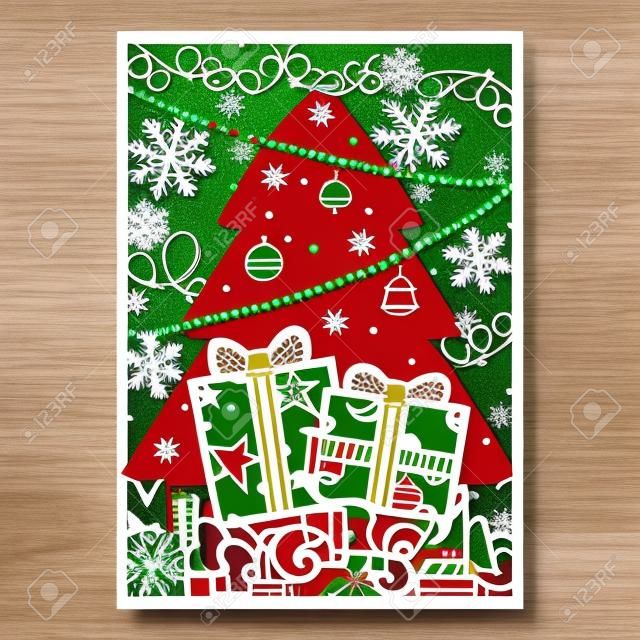 Árbol de Navidad con adornos. Plantilla de corte láser para tarjetas de felicitación, sobres, invitaciones, elementos interiores.
