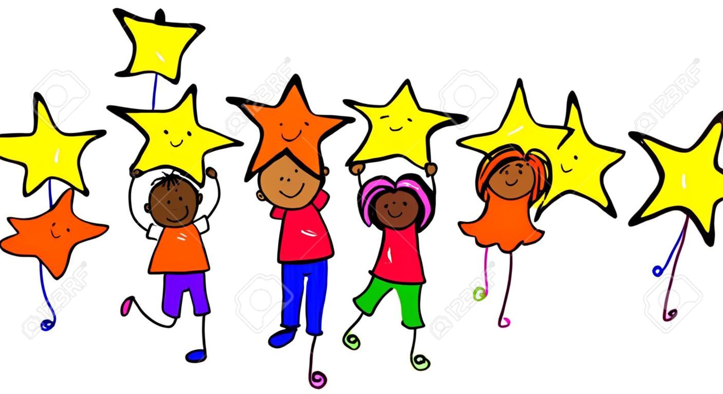 un groupe d'heureuse et divers petits enfants jusqu'à leur exploitation étoiles de succès - tout-petit d'art série