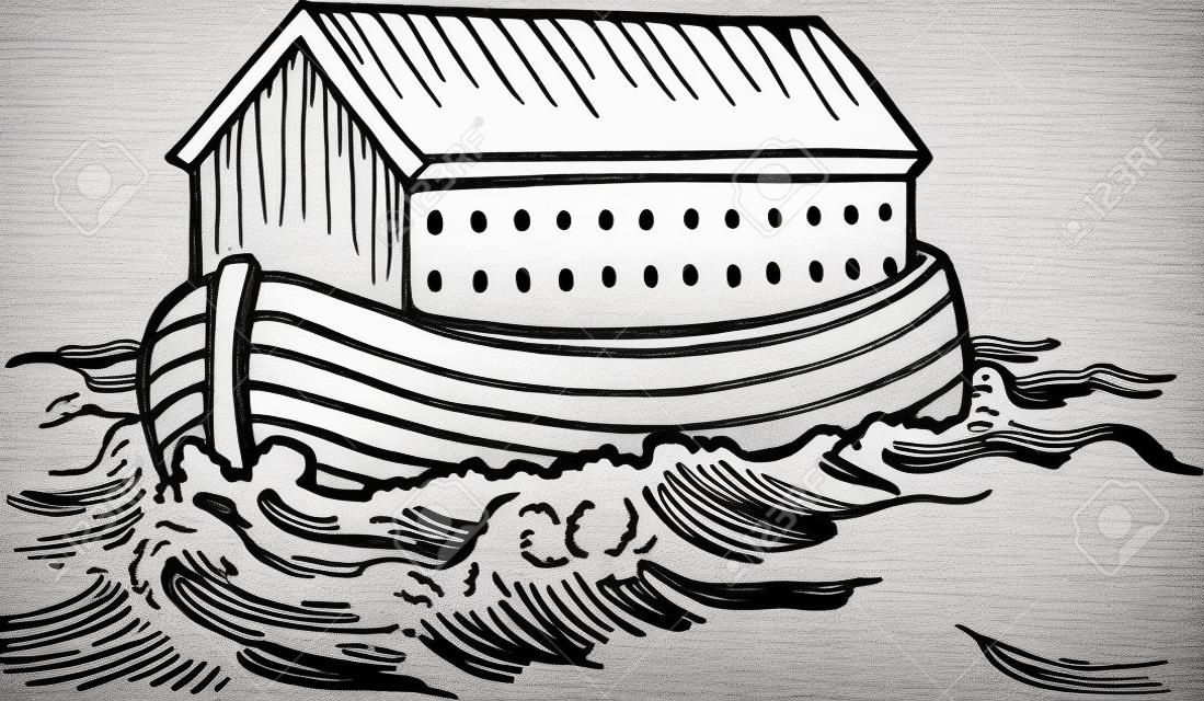 Blanco y negro simple dibujo de Noahs arca barco flotando en el agua.
