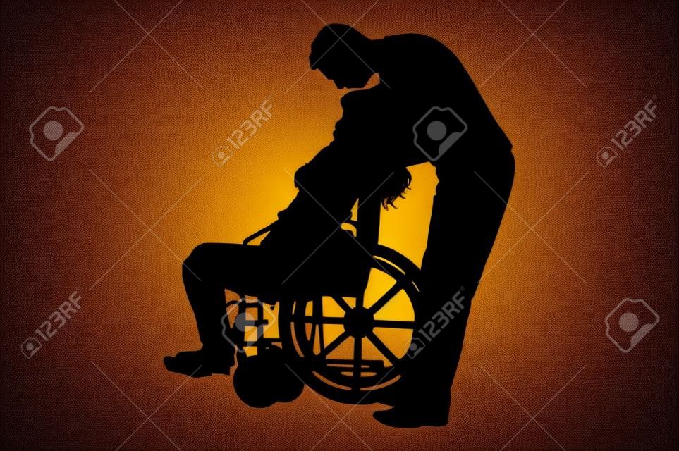 Vector silhouette of a man kissing a disabled woman in a wheelchair