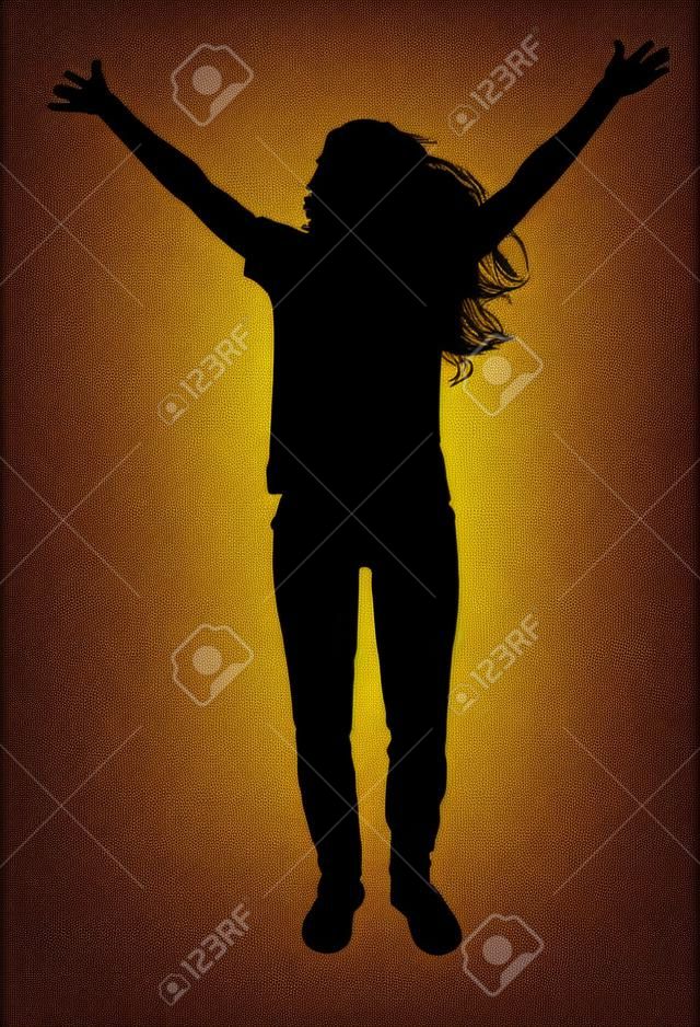 Векторный силуэт счастливой женщины с поднятыми руками. Понятие успеха или счастья