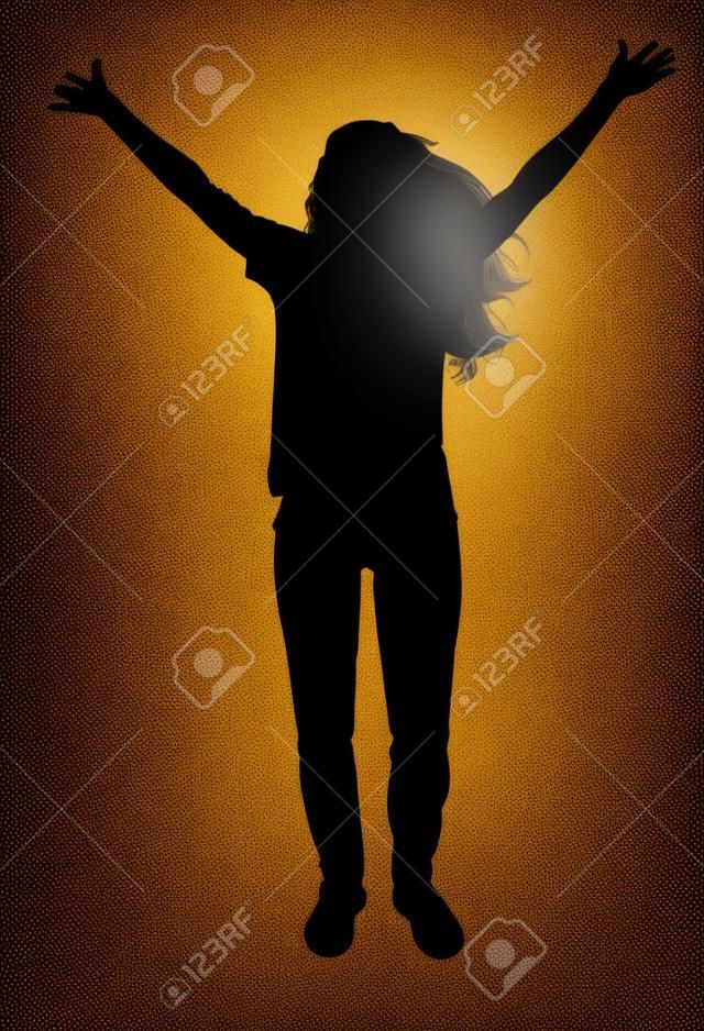 Vector silhouette of a happy woman with arms raised. The concept of success or happiness