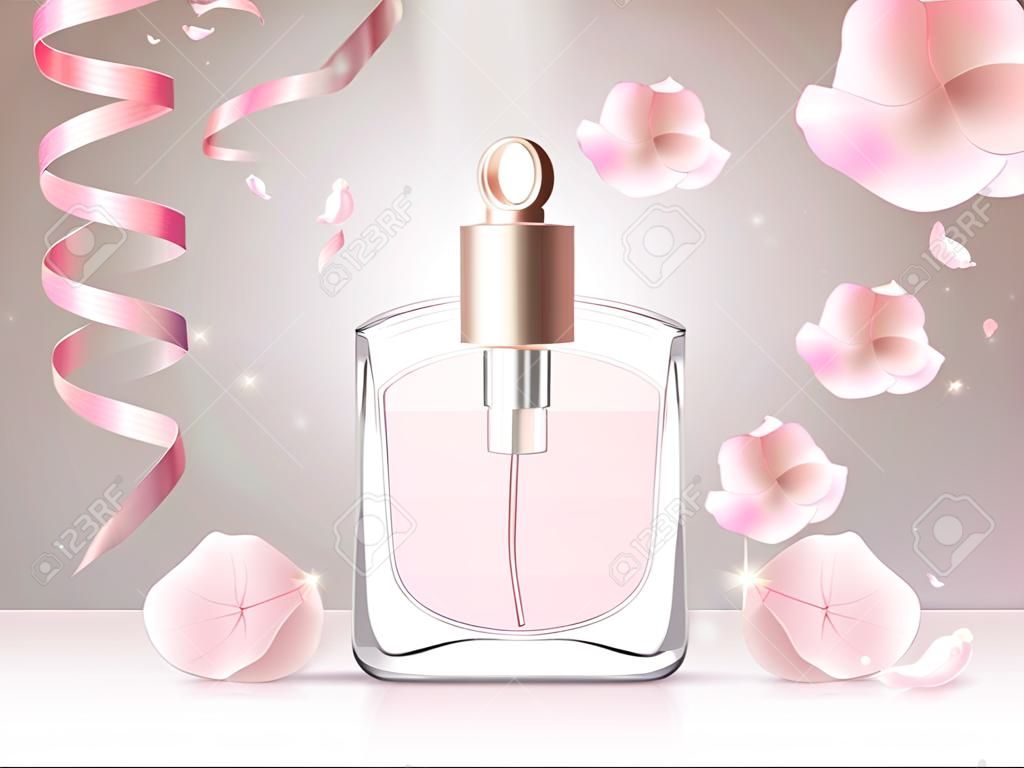 Fashion accessories collection. Toilet water perfume bottle with rose flower petals. Spring style organic cosmetics background. White and pink soft color romantic vector illustration design.