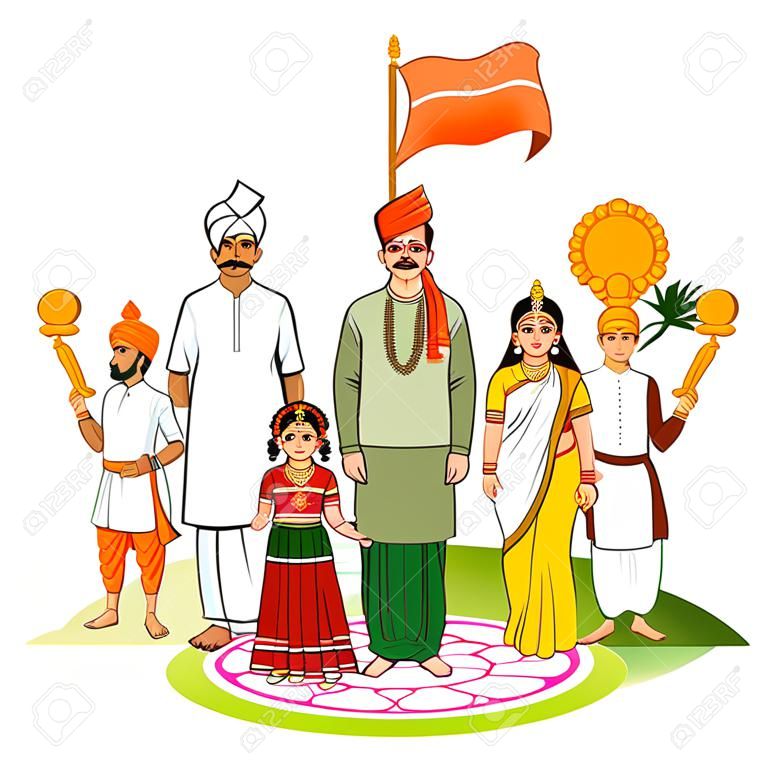 Maharashtra, 인도의 문화를 보여주는 Maharashtrian 가족의 벡터 디자인