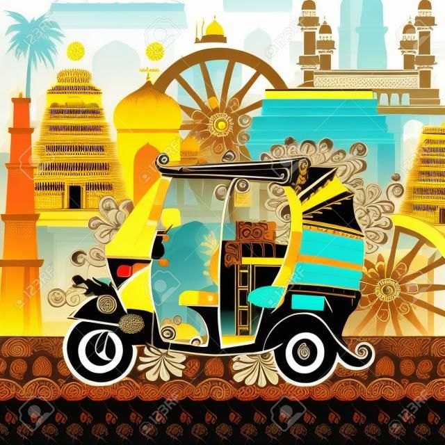 Vector design of auto rickshaw on famous monument backdrop in Indian art style