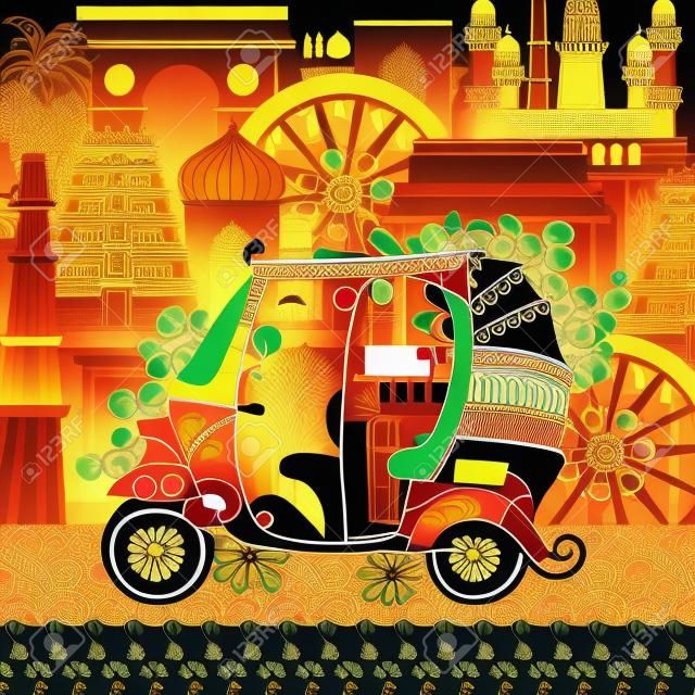 Vector design of auto rickshaw on famous monument backdrop in Indian art style