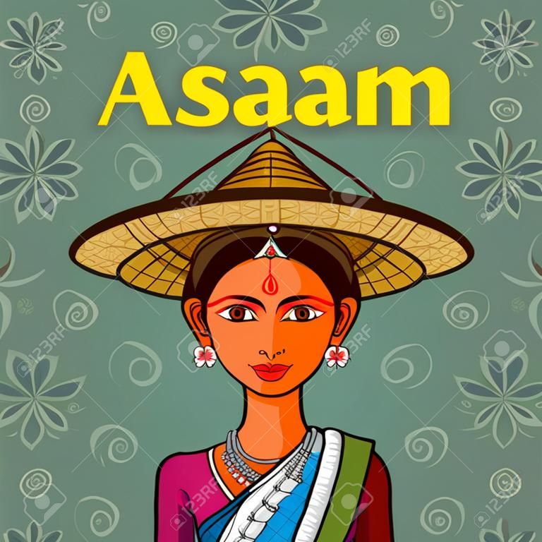 印度阿萨姆邦传统服饰中的阿萨姆邦女人矢量设计