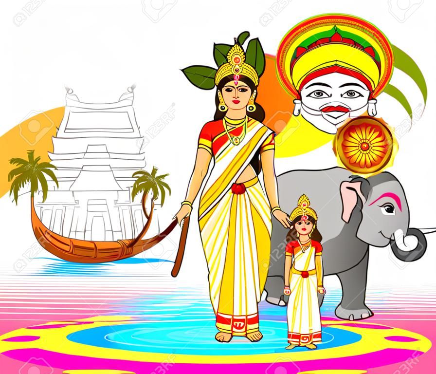 Diseño del vector del fondo feliz Onam en el estilo de arte indio