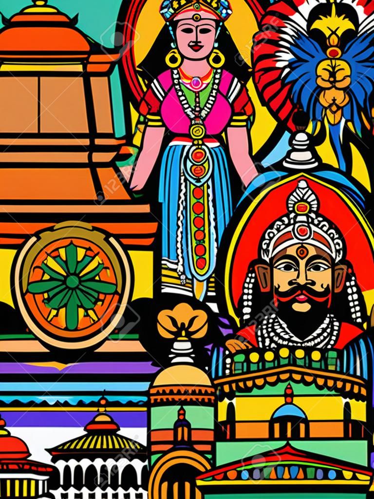 印度卡纳塔克邦多彩文化展示的矢量设计