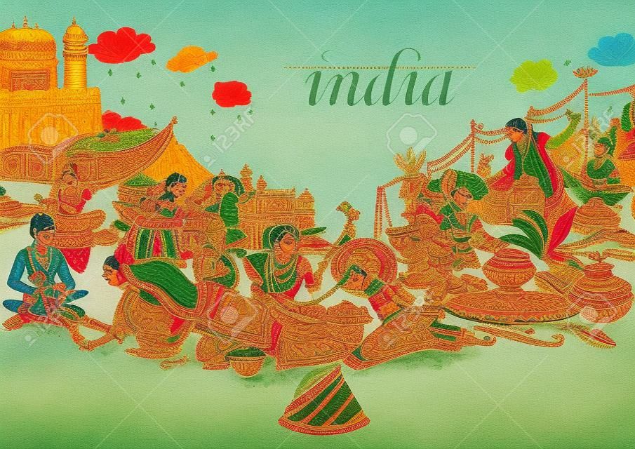 Ilustracja kolażu indyjskiego przedstawiająca kulturę, tradycję i festiwal Indii