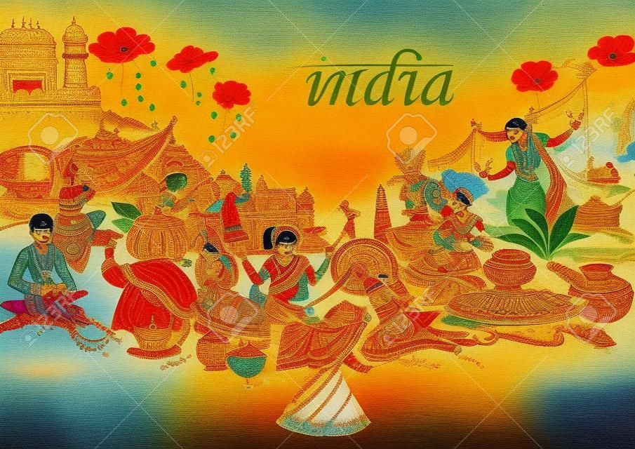 Illustrazione di collage indiano che mostra cultura, tradizione e festival dell'India