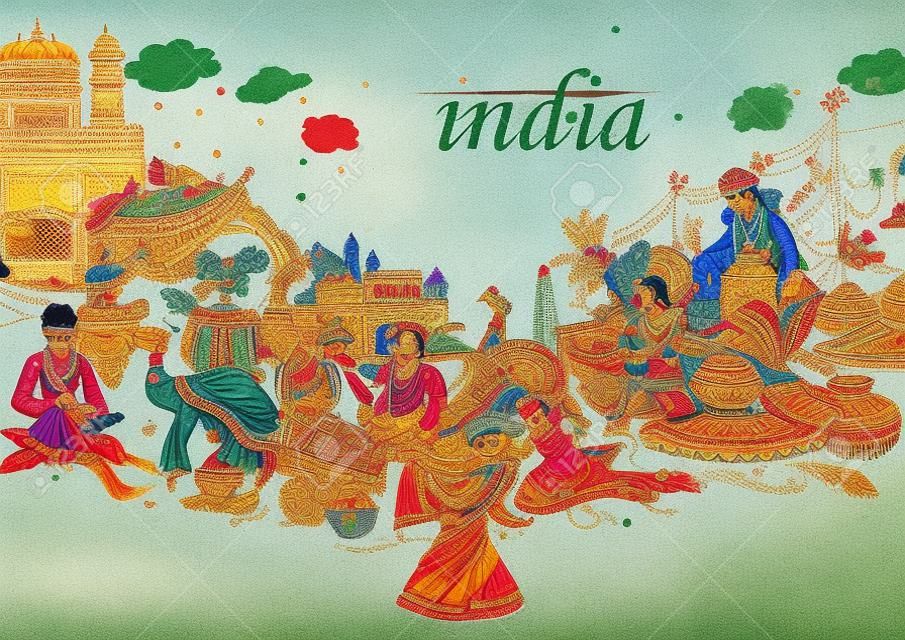 인도의 문화, 전통 및 축제를 보여주는 인도 콜라주 그림