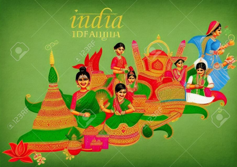 Illustrazione del collage indiano che mostra la cultura, la tradizione e il festival nel giorno dell'indipendenza felice dell'India