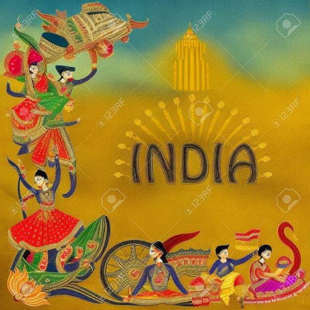 Ilustracja kolażu indyjskiego przedstawiająca kulturę, tradycję i festiwal Indii