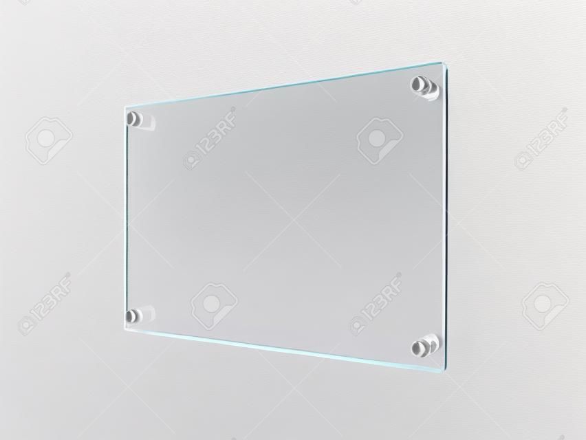 A4 Namensschild aus transparentem Glas auf Abstandhaltern aus Metall. Transparenter Druckkarton für Branding. Acrilic-Werbeschild auf Seitenansicht des weißen Hintergrundmodells. Größe 297 x 210 mm. 3D-Darstellung