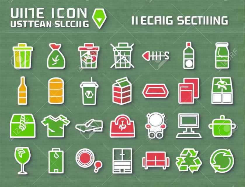 Conjunto de ícones vetoriais de classificação de resíduos.